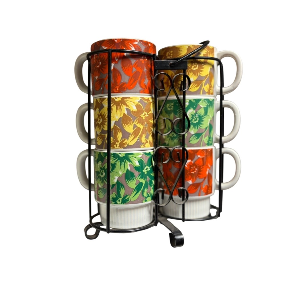 VTG Stackable Coffee Mugs w/ Metal Stand Colorful Flower Design Japan
